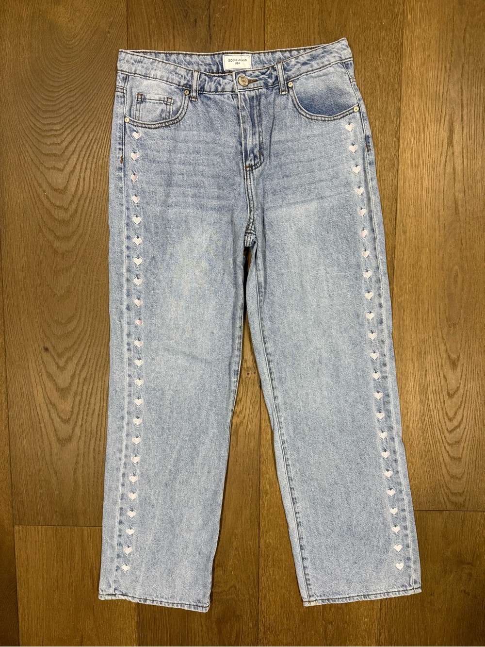 GOGO Jeans Light Wash Heart Embroidered Side Stripe Wide Leg Denim